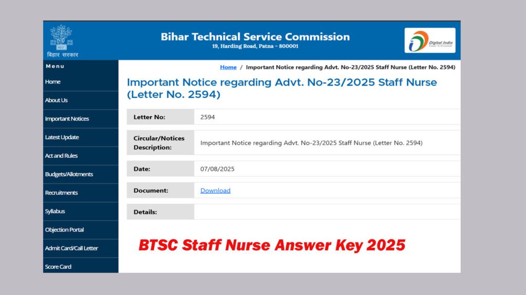 BTSC Staff Nurse Answer Key 2025